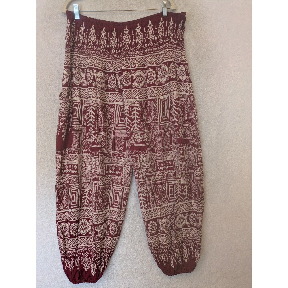 Harem Pants Women's XL Burgundy Geometric Smocked Waist Relaxed Tapered Leg